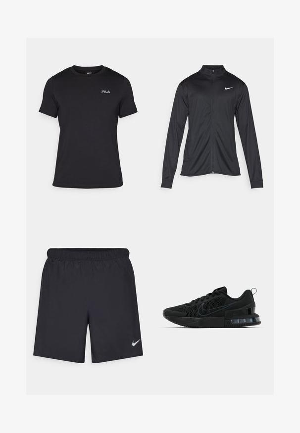 Svart idrettsjakke med lange ermer, krage og full glidelås. Har en subtil Nike-logo i hvitt på øvre venstre bryst. Glatt tekstur.; Svart kortermet T-skjorte laget av bomull, med ribbet rund hals og en liten grå FILA-logo på venstre bryst.; Svart sportskjørt laget av lett materiale med elastisk linning. Har en liten hvit Nike-logo nederst til venstre.; Svarte Nike-sneakers med mesh-overdel, teksturert såle og synlig luftpute i hælen. Detaljer og logo i en mørkere svart nyanse.