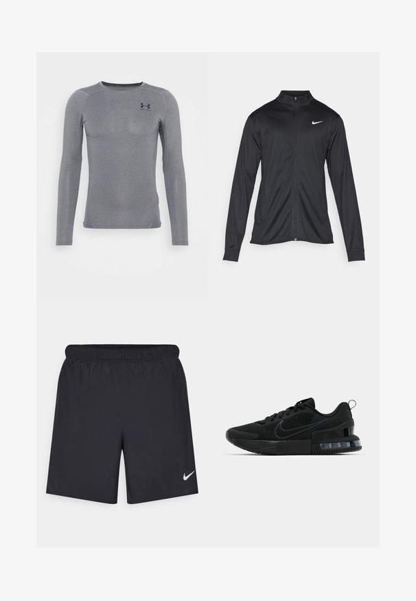 Jacket desportivo preto com mangas longas, colarinho e fecho zip completo. Apresenta um discreto logotipo da Nike em branco na parte superior do lado esquerdo do peito. Textura suave.; Camisola atlética de mangas longas em cinza escuro, feita de um tecido liso e elástico com um brilho subtil e costuras planas; apresenta um pequeno logotipo no peito.; Calças de desporto pretas feitas de material leve com uma cintura elástica. Apresenta um pequeno logótipo branco da Nike no canto inferior esquerdo.; Tênis esportivo Nike preto com parte superior em malha, sola de borracha, colarinho acolchoado e um distinto detalhe transparente no calcanhar.