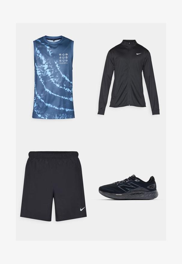 Melna sporta jaka ar garām piedurknēm, apkakli un pilnu rāvējslēdzēju. Uz kreisā krūts augšdaļas ir maigs Nike logo baltā krāsā. Gluda tekstūra.; Bez piedurknēm sporta krekls, zils tinti raksts, viegls sietveida audums, apaļa kakla izgriezums, priekšpusē ar baltu uzrakstu "RUN".; Melnas sporta šorti, izgatavoti no viegla materiāla, ar elastīgu jostu. Uz apakšējā kreisā stūra ir neliels balts Nike logo.; Vīriešu skriešanas apavi melnā sietā ar biezu pelēku zoli, apaļu tekstūru un atstarojošām akcentēm. Sānos ir redzams "New Balance" logos.