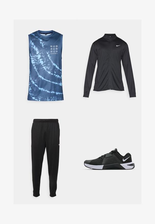 Svart idrettsjakke med lange ermer, krage og full glidelås. Har en subtil Nike-logo i hvitt på øvre venstre bryst. Glatt tekstur.; Ermeløs treningsskjorte, blå tie-dye mønster, lett mesh-stoff, rund halslinning, har teksten "LØP" i hvitt på forsiden.; Svarte treningsbukser laget av glatt stoff, med elastisk midje, smale ben og en liten hvit logo på venstre side.; Nike Performance METCON 10 - Treningssko - black/white/anthracite