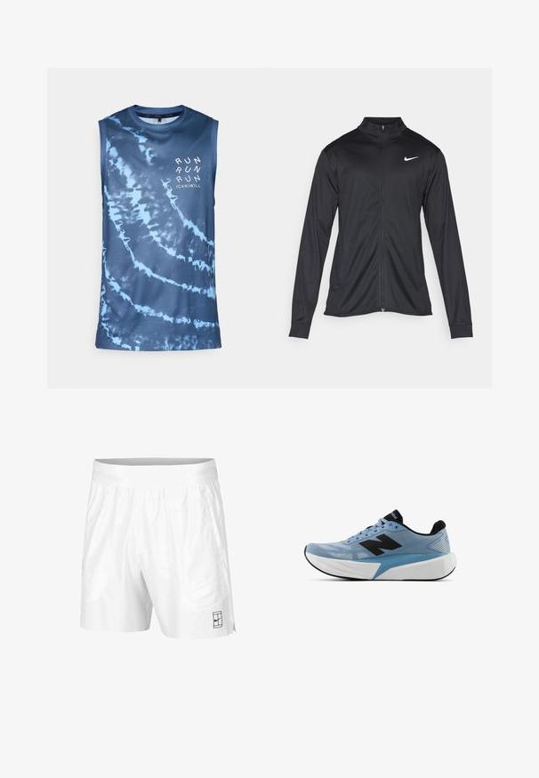 Fekete sportdzseki hosszú ujjal, gallérral és teljes cipzárral. Diszkrét fehér Nike logóval az upper bal mellen. Sima textúra.; Ujjatlan sportpóló, kék batikolt mintával, könnyű hálós anyagból, kerek nyakkal, elöl fehér "RUN" felirattal.; Fehér atlétikai rövidnadrág, könnyű anyagból, rugalmas derékkal, két oldalsó zsebbel és egy kis fekete logóval az alján.; Világoskék futócipő fekete logóval, vastag fehér talppal és fekete bélésbel, oldalnézetből, fehér háttér előtt.
