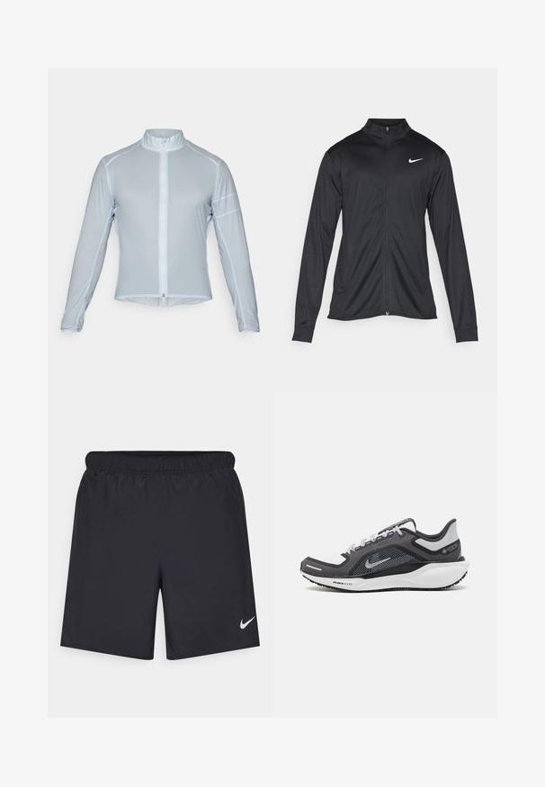 Jachetă sportivă neagră cu mâneci lungi, guler și fermoar complet. Prezintă un logo Nike subtil, alb, pe pieptul din stânga sus. Textură netedă.; Jachetă de ciclism lungă cu mâneci, de culoare albastru deschis, realizată dintr-un material ușor și neted; are o fermoar complet și accente cusute contrastante.; Pantaloni scurți atletici negri, fabricați dintr-un material ușor, cu un talie elastică. Au un mic logo alb Nike în partea stângă jos.; Încălțăminte sport neagră și gri, cu partea superioară din plasă, accente reflectorizante și o talpă intermediară albă. Dispune de o talpă din cauciuc texturat și șireturi.