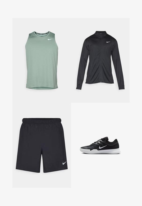 Svart idrettsjakke med lange ermer, krage og full glidelås. Har en subtil Nike-logo i hvitt på øvre venstre bryst. Glatt tekstur.; Nike Performance MILER TANK - Topper - clay green/reflective silver-coloured; Svart sportskjørt laget av lett materiale med elastisk linning. Har en liten hvit Nike-logo nederst til venstre.; Svart treningssko med teksturert overdel, hvit Nike-swoosh og hvit gummisåle. Har snøring og en dynamisk form.
