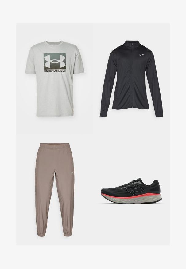 Zwarte sportjack met lange mouwen, kraag en volle rits. Voorzien van een subtiele Nike-logo in het wit op de bovenste linkerborst. Soepele textuur.; Lichtgrijze katoenen t-shirt met een groot zwart en grijs Under Armour-logo op de voorkant, ronde halslijn en korte mouwen.; Nike sportieve broek in een lichtbruine kleur, met een elastische tailleband, taps toelopende pijpen en zijzakken. Gladde, lichte stof.; Zwarte hardloopschoen met een bovenwerk van mesh, geaccentueerd door een roze tussenzoolstreep en een grijze outsole. Bevat textuurdetails en een flexibele zoolontwerp.