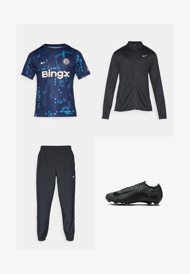 Zwarte sportjack met lange mouwen, kraag en volle rits. Voorzien van een subtiele Nike-logo in het wit op de bovenste linkerborst. Soepele textuur.; Blauwe en marineblauwe voetbaltrui van gladde stof, met blauwe grafische patronen, een ronde kraag, het Nike-logo en de tekst "Bingx".; Zwarte trainingsbroek van lichtgewicht materiaal met een elastische tailleband, enkelmanchetten en een discreet Nike-logo aan de linkerkant.; Zwarte voetbalschoenen met een gestructureerde bovenkant, meshontwerp, gestroomlijnde vorm en zes hoekige noppen voor grip op de zool.