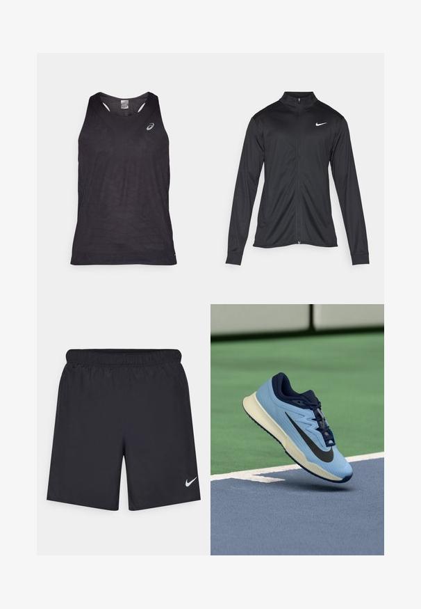 Schwarze Sportjacke mit langen Ärmeln, Kragen und voller Reißverschluss. Verfügt über ein dezentes Nike-Logo in Weiß auf der oberen linken Brust. Glatte Textur.; Schwarzes sportliches Tanktop mit V-Ausschnitt, das mit strukturierten geometrischen Mustern und einem reflektierenden Logo auf der oberen linken Seite versehen ist. Leichtes Material.; Schwarze sportliche Shorts aus leichtem Material mit einem elastischen Bund. Auf der unteren linken Seite befindet sich ein kleines weißes Nike-Logo.; Hellblaue Sportschuhe mit marineblauen Akzenten, strukturiertes Mesh-Obermaterial und schwarzem Swoosh-Logo. Verfügt über eine gepolsterte Zwischensohle und eine Gummilaufsohle.