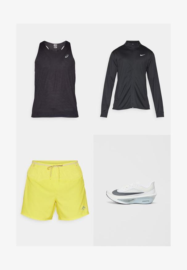 Veste de sport noire à manches longues, avec col et fermeture éclair intégrale. Présente un logo Nike subtil en blanc sur le côté supérieur gauche de la poitrine. Texture lisse.; Débardeur de sport noir avec un col en V, présentant des motifs géométriques texturés et un logo réfléchissant sur le côté supérieur gauche. Tissu léger.; Shorts jaunes avec une taille élastique, fermeture à cordon de serrage et tissu léger. Présente un logo bleu discret près de l'ourlet.; Baskets blanches avec un supérieur en maille grise, une semelle intermédiaire en mousse ZoomX bleue et une semelle extérieure incurvée pour une propulsion et un confort améliorés.