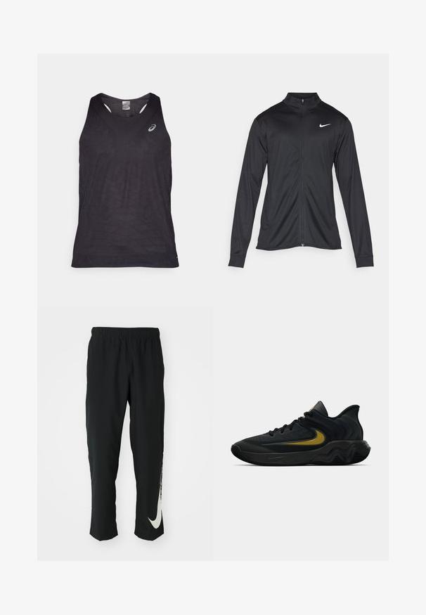 Jacket desportivo preto com mangas longas, colarinho e fecho zip completo. Apresenta um discreto logotipo da Nike em branco na parte superior do lado esquerdo do peito. Textura suave.; Top atlético preto sem mangas com decote em V, apresentando padrões geométricos texturizados e um logotipo refletivo no canto superior esquerdo. Tecido leve.; Calças atléticas pretas com cintura elástica, design afunilado, apresentando um grande logótipo branco da Nike na perna esquerda. Tecido macio e leve.; Tênis atlético preto e cinza escuro com cadarços pretos e logotipo swoosh dourado, apresentando um design de sola ondulada e colarinho acolchoado no calcanhar.