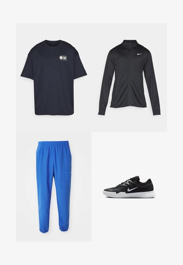 Svart idrettsjakke med lange ermer, krage og full glidelås. Har en subtil Nike-logo i hvitt på øvre venstre bryst. Glatt tekstur.; Mørkeblå bomull T-skjorte med korte ermer, rund hals, og et lite grafisk trykk som viser tallet 96 og et basketballikon.; Blå treningsbukser med elastisk midje, rett ben design og innsnevrede mansjetter. Har Nike-logo i gull på venstre side.; Svart treningssko med teksturert overdel, hvit Nike-swoosh og hvit gummisåle. Har snøring og en dynamisk form.