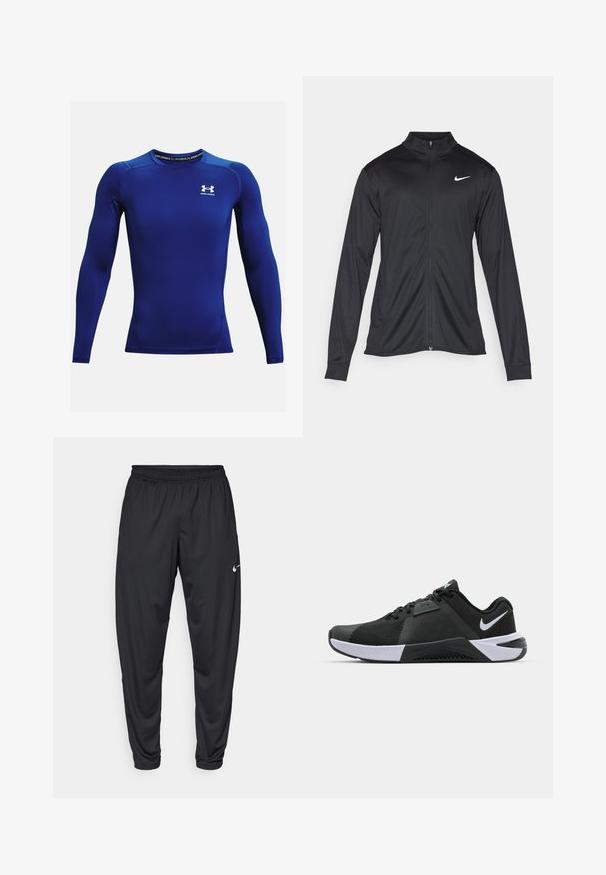 Zwarte sportjack met lange mouwen, kraag en volle rits. Voorzien van een subtiele Nike-logo in het wit op de bovenste linkerborst. Soepele textuur.; Langarm sportshirt van felblauwe stof, met een ronde hals, strakke pasvorm en wit logo op de borst. Gladde textuur.; Zwarte sportbroeken met een elastische tailleband, taps toelopende pijpen en een klein wit Nike-logo op de linker bovenbeen. Glad stof, zonder patronen.; Nike Performance METCON 10 - Trainingsschoen - black/white/anthracite
