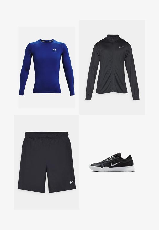 Černá sportovní bunda s dlouhými rukávy, límcem a plným zipem. Má decentní bílou logo značky Nike na horní levé části hrudi. Hladká textura.; Sportovní tričko s dlouhým rukávem ve světlé modré barvě, s kulatým výstřihem, těsným střihem a bílým logem na hrudníku. Hladká textura.; Černé sportovní šortky vyrobené z lehkého materiálu s elastickým pasem. Na spodní levé straně mají malé bílé logo Nike.; Černá atletická bota s texturovaným svrškem, bílým logem Nike a bílou gumovou podrážkou. Disponuje šněrovacím designem a dynamickým tvarem.