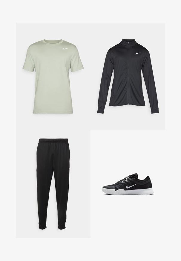 Jacket desportivo preto com mangas longas, colarinho e fecho zip completo. Apresenta um discreto logotipo da Nike em branco na parte superior do lado esquerdo do peito. Textura suave.; Nike Performance TEE CREW SOLID - T-shirt desportiva - jade horizon; Calças de desporto pretas feitas de tecido suave, com uma cintura elástica, pernas ajustadas e um pequeno logo branco no lado esquerdo.; Sapatilha atlética preta com um cabedal texturizado, swoosh branco da Nike e uma sola de borracha branca. Apresenta um design com atacadores e uma forma dinâmica.