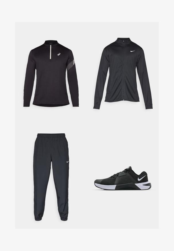 Veste de sport noire à manches longues, avec col et fermeture éclair intégrale. Présente un logo Nike subtil en blanc sur le côté supérieur gauche de la poitrine. Texture lisse.; Haut noir à manches longues avec un col zippé mi-haut, en tissu texturé, et un logo blanc contrastant sur la poitrine ainsi qu'un motif à pois sur la manche.; Pantalon de jogging noir en tissu léger avec une ceinture élastique, des poignets aux chevilles et un logo Nike discret sur le côté gauche.; Nike Performance METCON 10 - Chaussures fitness - black/white/anthracite