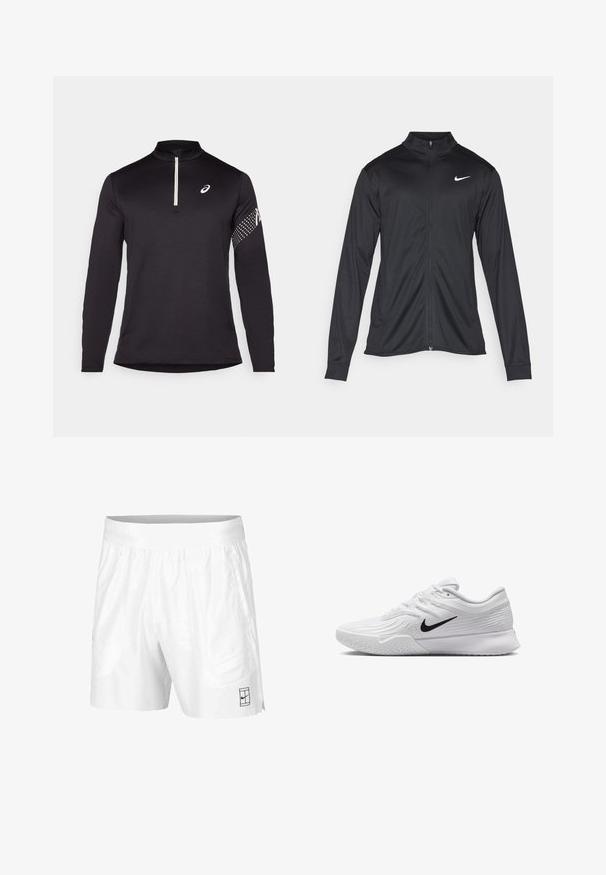 Črna atletska jakna z dolgimi rokavi, ovratnikom in polnim zadrgo. Vključuje diskreten bel Nike logotip na zgornjem levem delu prsnega koša. Gladka tekstura.; Črn dolg rokav s pol zadrgo in strukturo tkanine, z kontrastnim belim logotipom na prsih in pikčasto vzorcem na rokavu.; Bele športne kratke hlače iz lahkotnega materiala z elastičnim pasom, ki imajo dva stranska žepa in majhen črn logotip na robu.; Bela športna čeveljca z teksturiranim mrežastim zgornjim delom, črn Nike znak, oblazinjen ovratnik in gumijast podplat s profilom.