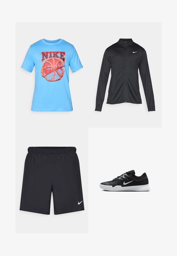 Melna sporta jaka ar garām piedurknēm, apkakli un pilnu rāvējslēdzēju. Uz kreisā krūts augšdaļas ir maigs Nike logo baltā krāsā. Gluda tekstūra.; Gaiši zils kokvilnas T-krekls ar lielu oranžu Nike logo, kas izvietots uz basketbola grafikas, ar īsām piedurknēm un apaļu apkakli.; Melnas sporta šorti, izgatavoti no viegla materiāla, ar elastīgu jostu. Uz apakšējā kreisā stūra ir neliels balts Nike logo.; Melni sporta apavi ar teksturētu virsu, balto Nike zulumu un balto gumijas zoli. Iezīmējas ar auklu pievilkšanas dizainu un dinamisku formu.