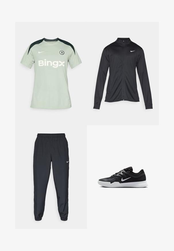 Veste de sport noire à manches longues, avec col et fermeture éclair intégrale. Présente un logo Nike subtil en blanc sur le côté supérieur gauche de la poitrine. Texture lisse.; Maillot de football Nike vert clair avec des accents noirs, à manches courtes, col ras du cou, avec le logo "Bingx" et l'écusson de Chelsea FC sur la poitrine.; Pantalon de jogging noir en tissu léger avec une ceinture élastique, des poignets aux chevilles et un logo Nike discret sur le côté gauche.; Chaussure de sport noire avec une tige texturée, un swoosh blanc de Nike et une semelle extérieure en caoutchouc blanc. Elle présente un design à lacets et une forme dynamique.