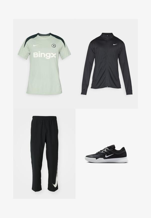 Chaqueta atlética negra con mangas largas, collar y cremallera completa. Presenta un sutil logo de Nike en blanco en la parte superior izquierda del pecho. Textura suave.; Camiseta de fútbol Nike de color verde claro con detalles en negro, de manga corta y cuello redondo, que presenta el logo "Bingx" y el escudo del Chelsea FC en el pecho.; Pantalones deportivos negros con cinturilla elástica, diseño cónico, que presentan un gran logo blanco de Nike en la pierna izquierda. Tejido suave y ligero.; Zapatilla deportiva negra con parte superior texturizada, logo de Nike en blanco y suela de goma blanca. Tiene un diseño con cordones y una forma dinámica.