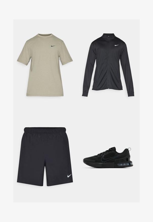 Črna atletska jakna z dolgimi rokavi, ovratnikom in polnim zadrgo. Vključuje diskreten bel Nike logotip na zgornjem levem delu prsnega koša. Gladka tekstura.; Zeleno kratkosleečeno majico iz mehkega blaga, z okroglim izrezom in majhnim črnim logotipom Nike na levem prsnem delu. Enostaven dizajn.; Črne atletske kratke hlače iz lahkotnega materiala z elastičnim pasom. Imajo majhen bel Nike logo na spodnji levi strani.; Črne atletske tenisice Nike z mrežno zgornjico, gumijastim podplatom, oblazinjenim ovratnikom in značilnim prozornim poudarkom na peti.