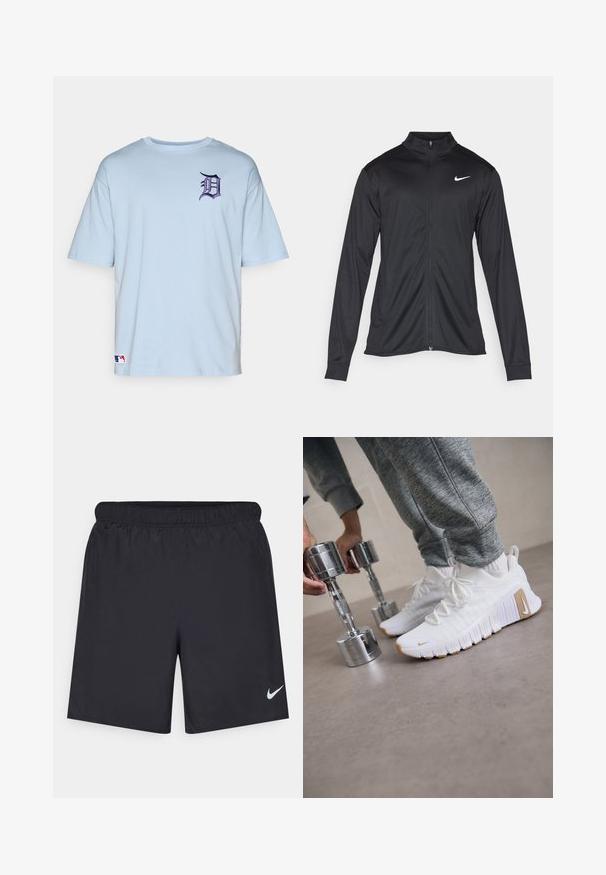 Juodas sportinis švarkas su ilgomis rankovėmis, apykakle ir pilnu užtrauktuku. Yra subtilus baltas Nike logotipas kairėje krūtinės pusėje. Lygus tekstūra.; Šviesiai mėlynas medvilninis marškinėlis trumpomis rankovėmis. Geroje krūtinės vietoje puikuojasi violetinė siuvinėta "D" logotipas ir MLB etiketė apatinėje dalyje.; Juodos sportinės šortai, pagaminti iš lengvos medžiagos, su elastingu juosmeniu. Ant apatinės kairės pusės yra mažas baltas Nike logotipas.; Balti sportiniai batai su tekstūruota viršutine dalimi, plokščiu guminiu padu ir šviesiai rudos spalvos akcentais. Sidabrinės hanteliai pirmame plane. Matomos pilkos sportinės kelnės.