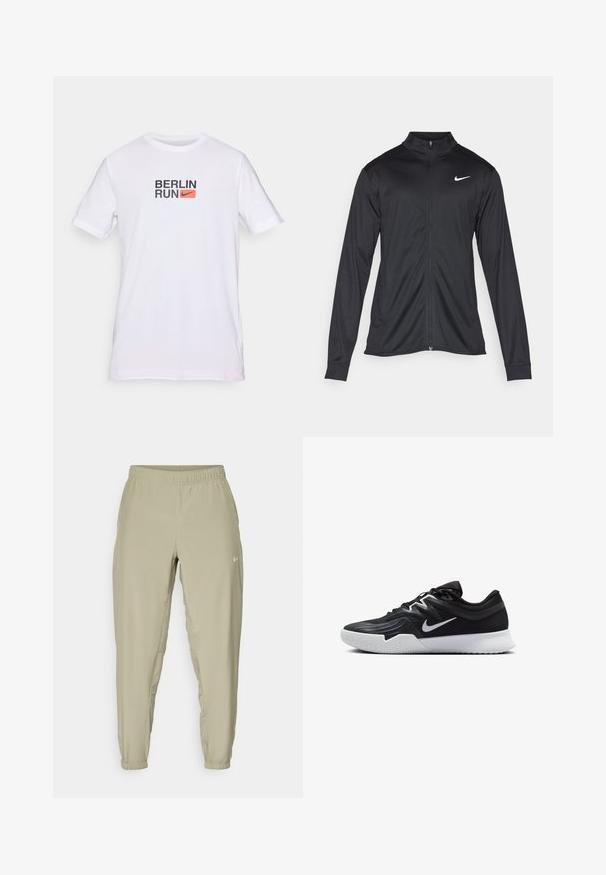 Μαύρο αθλητικό μπουφάν με μακριά μανίκια, γιακά και πλήρη φερμουάρ. Διαθέτει ένα διακριτικό λευκό λογότυπο της Nike στη πάνω αριστερή πλευρά του στήθους. Λείος υφασμάτινος χαρακτήρας.; Λευκό κοντομάνικο T-shirt με το κείμενο "BERLIN RUN" και ένα πορτοκαλί λογότυπο της Nike στη θηλή, το οποίο προβάλλεται σε απλό φόντο.; Ανοιχτό μπεζ παντελόνι jogger με ελαστική μέση, μανσέτες στους αστραγάλους και πλαϊνές τσέπες. Διαθέτει μικρό λευκό λογότυπο μπροστά.; Μαύρο αθλητικό παπούτσι με υφή στο επάνω μέρος, λευκό σήμα Nike και λευκή καουτσούκ σόλα. Διαθέτει σχέδιο με κορδόνια και δυναμικό σχήμα.