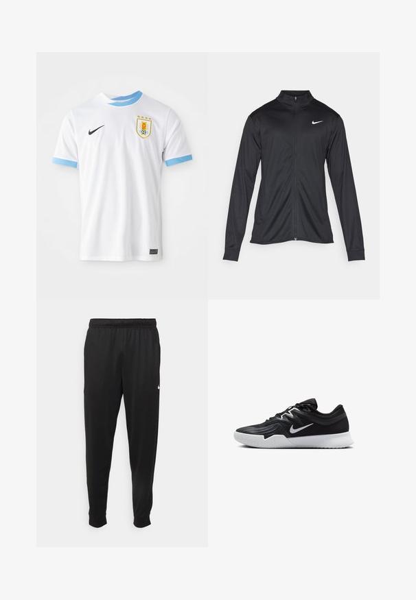 Jacket desportivo preto com mangas longas, colarinho e fecho zip completo. Apresenta um discreto logotipo da Nike em branco na parte superior do lado esquerdo do peito. Textura suave.; Camisa de futebol Nike branca com detalhes em azul claro no colarinho e nas mangas. Apresenta um emblema com um brasão e três estrelas acima.; Calças de desporto pretas feitas de tecido suave, com uma cintura elástica, pernas ajustadas e um pequeno logo branco no lado esquerdo.; Sapatilha atlética preta com um cabedal texturizado, swoosh branco da Nike e uma sola de borracha branca. Apresenta um design com atacadores e uma forma dinâmica.