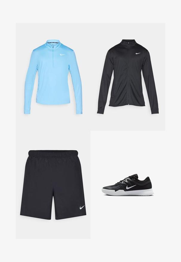 Must värvi sportlik jakk pikkade varrukatega, krae ja täispikk tõmblukk. Ülemises vasakus rinnas on diskreetne valge Nike logo. Sile tekstuur.; Hele sinine pikka varrukaga sporditopp, millel on lukuga krae, valmistatud siledast kangast ja mille vasakul rinnal on valge Nike'i logo.; Mustad mustikud lühikesed püksid, mis on valmistatud kergest materjalist ja millel on elastne vöökoht. Alumisel vasakul küljel on väike valge Nike logo.; Must mustad jalanikesad rikaste ülaservaga, valge Nike swoosh'i ja valge kummist välispõhjaga. Omab paeltega sulgemisdetaili ja dünaamilist kuju.