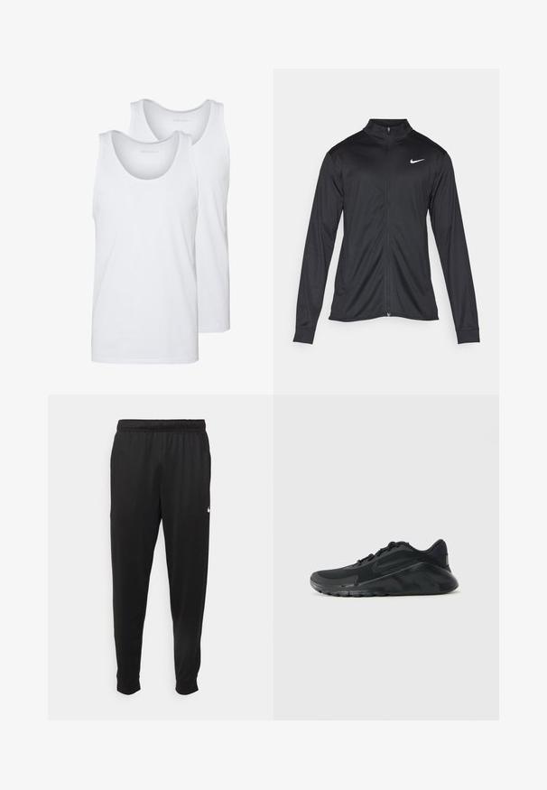 Black athletic jacket with long sleeves, collar, and full zipper. Features a subtle Nike logo in white on the upper left chest. Smooth texture.; White cotton tank tops with rounded necklines, featuring a smooth texture. Two pieces displayed, labeled "PIER ONE."; Black athletic pants made of smooth fabric, featuring an elastic waistband, tapered legs, and a small white logo on the left side.; Black Nike running shoe with mesh upper, lace-up design, cushioned sole, and Nike swoosh logo on side, shown in profile on a white background.