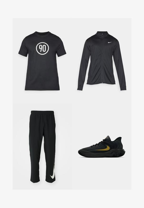 Black athletic jacket with long sleeves, collar, and full zipper. Features a subtle Nike logo in white on the upper left chest. Smooth texture.; Black cotton T-shirt featuring a white circular graphic with the number "90" in the center. Classic crew neck design, short sleeves.; Black athletic pants with elastic waistband, tapering design, featuring a large white Nike logo on the left leg. Soft, lightweight fabric.; Black and dark gray athletic shoe with black laces and gold swoosh logo, featuring a wavy sole design and padded heel collar.