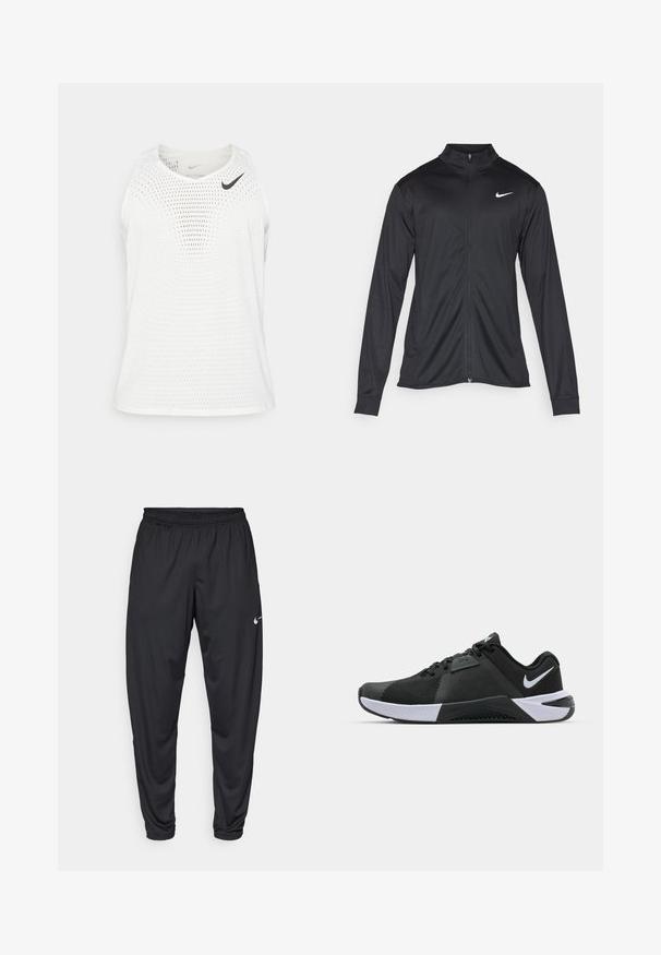 Veste de sport noire à manches longues, avec col et fermeture éclair intégrale. Présente un logo Nike subtil en blanc sur le côté supérieur gauche de la poitrine. Texture lisse.; Tee-shirt de sport sans manches blanc en tissu en maille respirante, avec un col rond et un petit logo Nike noir sur la poitrine gauche.; Pantalon de sport noir avec une taille élastique, des jambes fuselées et un petit logo Nike blanc sur la cuisse gauche. Tissu lisse, sans motifs.; Nike Performance METCON 10 - Chaussures fitness - black/white/anthracite