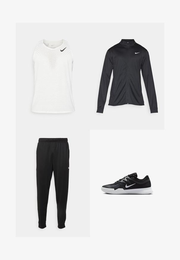 Veste de sport noire à manches longues, avec col et fermeture éclair intégrale. Présente un logo Nike subtil en blanc sur le côté supérieur gauche de la poitrine. Texture lisse.; Tee-shirt de sport sans manches blanc en tissu en maille respirante, avec un col rond et un petit logo Nike noir sur la poitrine gauche.; Pantalon de sport noir en tissu lisse, avec une taille élastique, des jambes fuselées et un petit logo blanc sur le côté gauche.; Chaussure de sport noire avec une tige texturée, un swoosh blanc de Nike et une semelle extérieure en caoutchouc blanc. Elle présente un design à lacets et une forme dynamique.