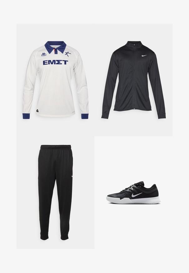 Sort atletisk jakke med lange ærmer, krave og fuld lynlås. Har et diskret Nike-logo i hvidt på den øverste venstre side af brystet. Glat tekstur.; Langærmet hvid sportstrøje med navy krave og manchetter, med blå branding og tekst på forsiden. Fremstillet af struktureret stof.; Sorte atletiske bukser lavet af glat stof, med elastisk talje, smalnende ben og et lille hvidt logo på venstre side.; Sort atletiksko med en tekstureret overdel, hvid Nike swoosh og en hvid gummisål. Har en snørret design og dynamisk form.