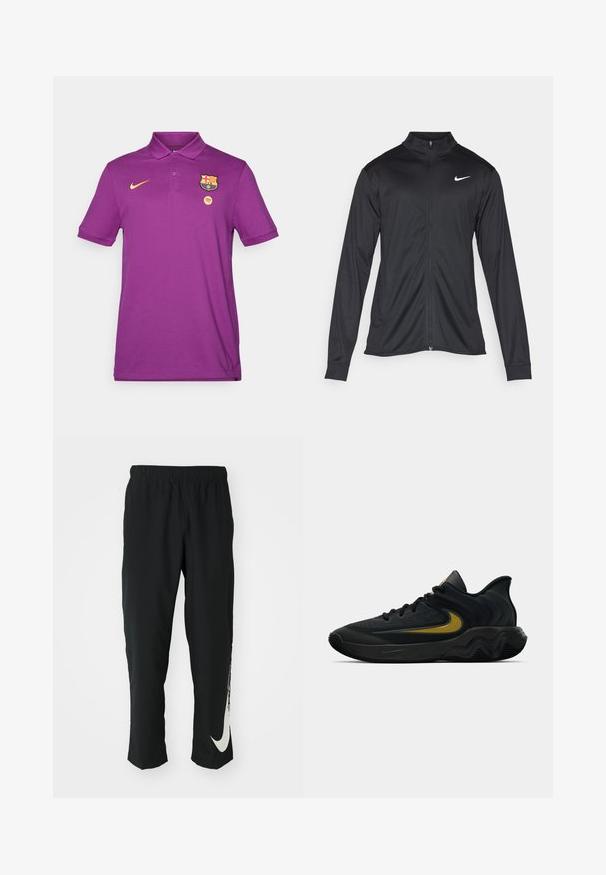 Black athletic jacket with long sleeves, collar, and full zipper. Features a subtle Nike logo in white on the upper left chest. Smooth texture.; Purple polo shirt made of cotton with a collar, featuring a yellow Nike logo, FC Barcelona crest, and Spotify emblem on the chest.; Black athletic pants with elastic waistband, tapering design, featuring a large white Nike logo on the left leg. Soft, lightweight fabric.; Black and dark gray athletic shoe with black laces and gold swoosh logo, featuring a wavy sole design and padded heel collar.
