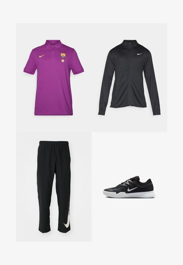 Must värvi sportlik jakk pikkade varrukatega, krae ja täispikk tõmblukk. Ülemises vasakus rinnas on diskreetne valge Nike logo. Sile tekstuur.; Lilla polo särk, mis on valmistatud puuvillast, krae ja kollase Nike logo, FC Barcelona vapi ning Spotify sümboliga rinnal.; Mustad mustad sportlikud püksid elastse vöökohtadega, kitseneva disainiga, millel on vasakul jalal suur valge Nike logo. Pehme, kerge kangas.; Must mustad jalanikesad rikaste ülaservaga, valge Nike swoosh'i ja valge kummist välispõhjaga. Omab paeltega sulgemisdetaili ja dünaamilist kuju.
