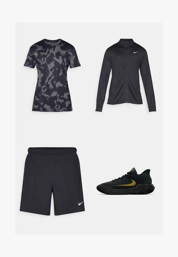 Jachetă sportivă neagră cu mâneci lungi, guler și fermoar complet. Prezintă un logo Nike subtil, alb, pe pieptul din stânga sus. Textură netedă.; Tricou scurt cu mânecă în carouri gri, realizat dintr-un material neted și ușor; are decolteu rotund și un branding discret pe față.; Pantaloni scurți atletici negri, fabricați dintr-un material ușor, cu un talie elastică. Au un mic logo alb Nike în partea stângă jos.; Pantofii sport negri și gri închis, cu șireturi negre și logo-ul aurit sub formă de swoosh, având un design al tălpii în valuri și un guler căptușit la călcâi.