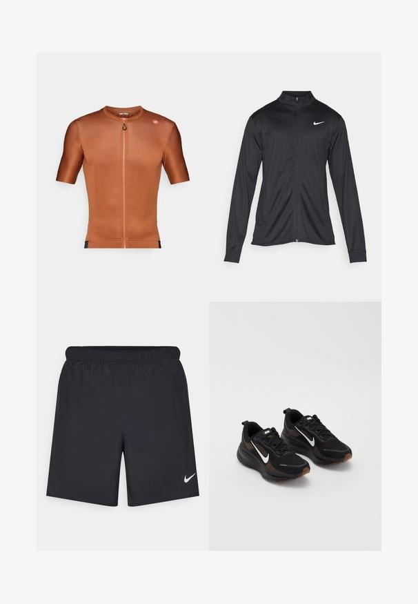 Veste de sport noire à manches longues, avec col et fermeture éclair intégrale. Présente un logo Nike subtil en blanc sur le côté supérieur gauche de la poitrine. Texture lisse.; Maillot de cyclisme à manches courtes en tissu texturé orange brûlé. Dispose d'une fermeture éclair partielle sur le devant et d'un petit logo sur l'épaule.; Shorts de sport noirs en matériau léger avec une taille élastique. Présente un petit logo Nike blanc sur le bas du côté gauche.; Baskets de sport noires avec une tige en mesh respirant, swoosh Nike blanc, semelle texturée et accents bruns contrastants. Comprend un talon renforcé.
