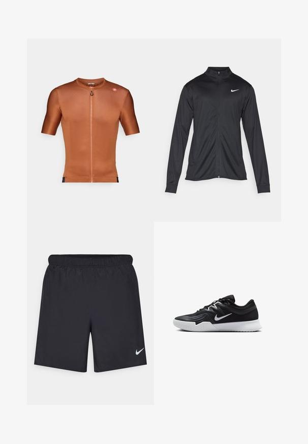 Černá sportovní bunda s dlouhými rukávy, límcem a plným zipem. Má decentní bílou logo značky Nike na horní levé části hrudi. Hladká textura.; Kratký rukáv cyklistický dres z texturované spálené oranžové tkaniny. Obsahuje částečné zipové zapínání vpředu a malé logo na rameni.; Černé sportovní šortky vyrobené z lehkého materiálu s elastickým pasem. Na spodní levé straně mají malé bílé logo Nike.; Černá atletická bota s texturovaným svrškem, bílým logem Nike a bílou gumovou podrážkou. Disponuje šněrovacím designem a dynamickým tvarem.