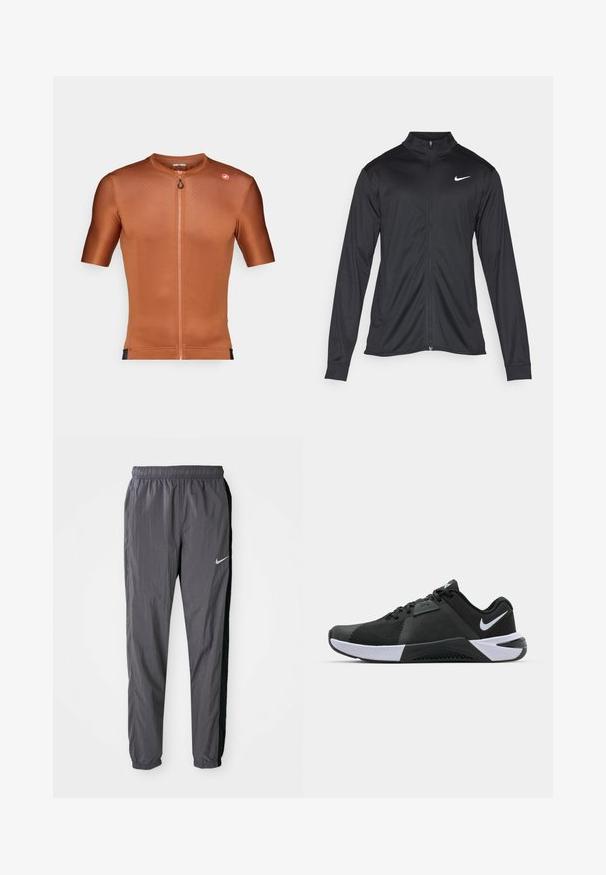 Juodas sportinis švarkas su ilgomis rankovėmis, apykakle ir pilnu užtrauktuku. Yra subtilus baltas Nike logotipas kairėje krūtinės pusėje. Lygus tekstūra.; Trumpas rankovėmis dviratininkų marškinėliai iš tekstūruotos deginto oranžo medžiagos. Yra dalinis užtrauktukas priekyje ir mažas logotipas ant peties.; Nike treniruotės kelnės, pagamintos iš lengvo audinio, tamsiai pilkos spalvos su juodomis šoninėmis juostomis. Turi elastinį juosmenį ir atspindinčią logotipą.; Nike Performance METCON 10 - Avalynė treniruotėms - black/white/anthracite