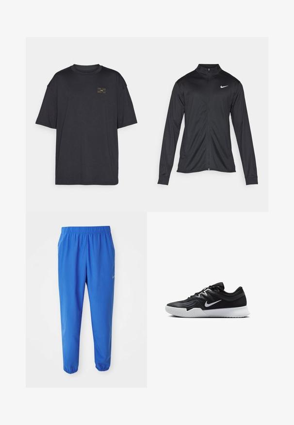 Must värvi sportlik jakk pikkade varrukatega, krae ja täispikk tõmblukk. Ülemises vasakus rinnas on diskreetne valge Nike logo. Sile tekstuur.; Must t-särk lühkimustega, valmistatud siledast kangast, millel on rindkerel väike kollane logo. Disain on vabam ja sisaldab ümmargust kaelust.; Sinised spordipüksid elastse vöökoha, sirge jala disaini ja kitsenevate sääremukudega. Vasakul küljel on kuldne Nike logo.; Must mustad jalanikesad rikaste ülaservaga, valge Nike swoosh'i ja valge kummist välispõhjaga. Omab paeltega sulgemisdetaili ja dünaamilist kuju.