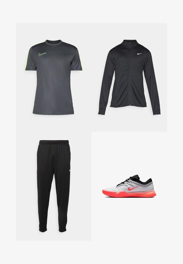 Must värvi sportlik jakk pikkade varrukatega, krae ja täispikk tõmblukk. Ülemises vasakus rinnas on diskreetne valge Nike logo. Sile tekstuur.; Nike Performance TOP - Spordi T-särk - anthracite/volt; Mustad mustekad athletic-püksid sujuvast kangast, elastse vöökoha, kitsenevate jalgade ja väikese valge logoga vasakul küljel.; Valge ja must spordijalats erksate oranžide talladega ning Nike swoosh'iga, madala lõikega disainiga ning tekstureeritud haardega esiäll.