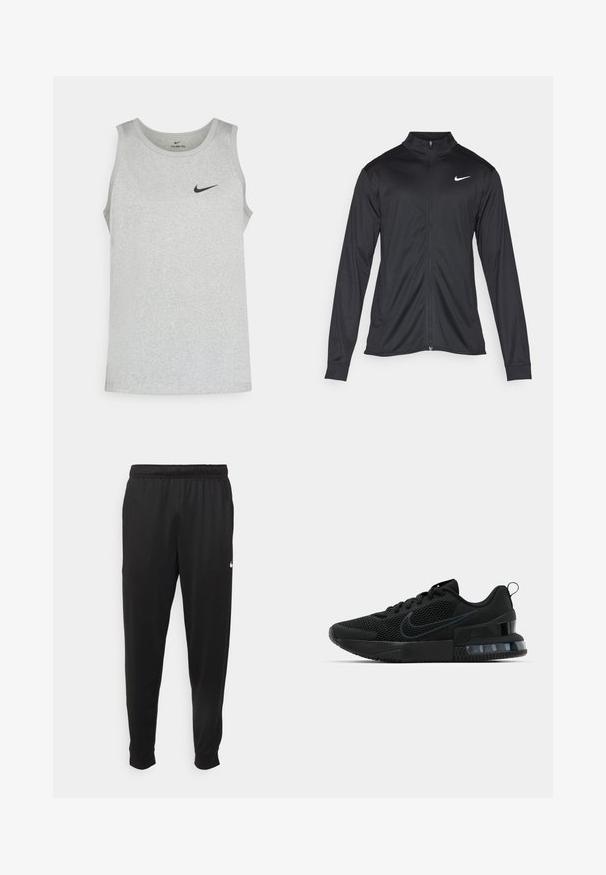 Zwarte sportjack met lange mouwen, kraag en volle rits. Voorzien van een subtiele Nike-logo in het wit op de bovenste linkerborst. Soepele textuur.; Lichtgrijze mouwloze sporttanktop van gestructureerde stof, met een zwart Nike-logo op de borst en een ronde halslijn.; Zwarte sportbroek gemaakt van gladde stof, met een elastische tailleband, taps toelopende pijpen en een klein wit logo aan de linkerzijde.; Zwarte Nike sportschoen met een bovenwerk van mesh, rubberen zool, gepolsterde kraag en een opvallende transparante hakaccent.