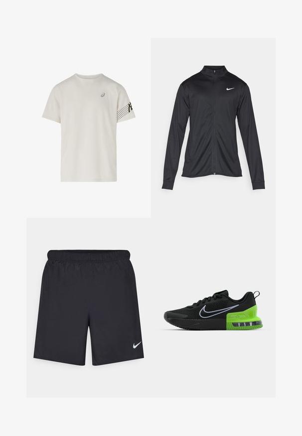 Černá sportovní bunda s dlouhými rukávy, límcem a plným zipem. Má decentní bílou logo značky Nike na horní levé části hrudi. Hladká textura.; ASICS ICON SS - Sportovní tričko - cream; Černé sportovní šortky vyrobené z lehkého materiálu s elastickým pasem. Na spodní levé straně mají malé bílé logo Nike.; Černá sportovní bota s síťovinovým svrškem, vybavená zelenou a černou podrážkou s vzduchovým odpružením a bílým logem Nike swoosh.