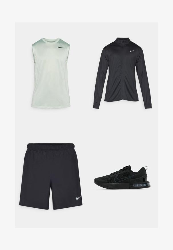 Black athletic jacket with long sleeves, collar, and full zipper. Features a subtle Nike logo in white on the upper left chest. Smooth texture.; Nike Performance TEE RESET - Top - jade horizon/black; Black athletic shorts made of lightweight material with an elastic waistband. Features a small white Nike logo on the lower left side.; Black Nike athletic shoe featuring a mesh upper, rubber sole, padded collar, and a distinct transparent heel accent.