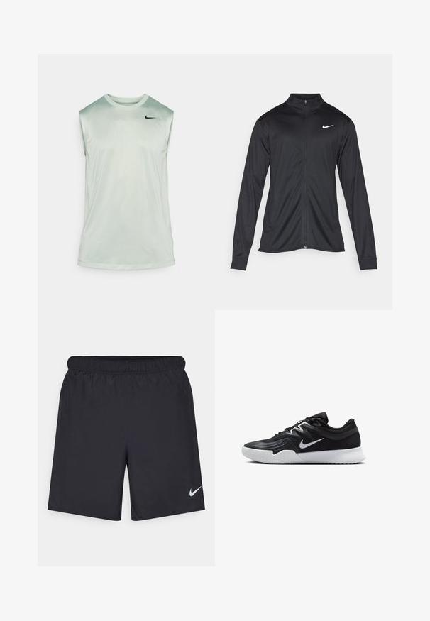 Musta urheilutakki pitkillä hihoilla, kauluksella ja kokonaisella vetoketjulla. Täydentää hienovarainen Nike-logo valkoisena vasemmassa ylärinnassa. Litteä pinta.; Nike Performance TEE RESET - Toppi - jade horizon/black; Mustat urheilushortsit, jotka on valmistettu kevyestä materiaalista ja joissa on joustava vyötärö. Alareunassa vasemmalla puolella on pieni valkoinen Nike-logo.; Musta urheilukenkä, jossa on teksturoitu päällinen, valkoinen Nike-tikkaus ja valkoinen kumipohja. Kenkässä on nauhakuji ja dynaaminen muoto.