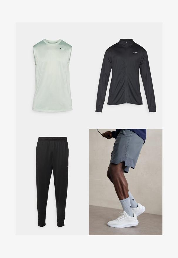 Zwarte sportjack met lange mouwen, kraag en volle rits. Voorzien van een subtiele Nike-logo in het wit op de bovenste linkerborst. Soepele textuur.; Nike Performance TEE RESET - Top - jade horizon/black; Zwarte sportbroek gemaakt van gladde stof, met een elastische tailleband, taps toelopende pijpen en een klein wit logo aan de linkerzijde.; Witte sportschoenen met een textuur van gaas aan de bovenkant, gecombineerd met lichtblauwe geribde sokken met een logo. Grijze sportshorts met geperforeerde accent.