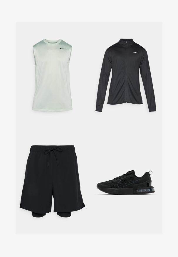 Jachetă sportivă neagră cu mâneci lungi, guler și fermoar complet. Prezintă un logo Nike subtil, alb, pe pieptul din stânga sus. Textură netedă.; Nike Performance TEE RESET - Top - jade horizon/black; Pantaloni scurți sport negri, confecționați dintr-un material ușor, având o talie elastică cu șnur și un interior ajustat.; Pantofii atletici negri Nike au un superior din plasă, talpă din cauciuc, guler căptușit și un accent distinct transparent în călcâi.