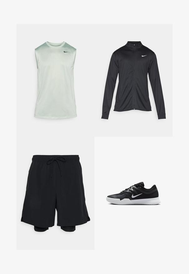 Fekete sportdzseki hosszú ujjal, gallérral és teljes cipzárral. Diszkrét fehér Nike logóval az upper bal mellen. Sima textúra.; Nike Performance TEE RESET - Felső - jade horizon/black; Fekete sportos rövidnadrág, könnyű anyagból készült, elasztikus derékpánttal és zsinórral, valamint a testhez simuló bélésrövidnadrággal.; Fekete sportcipő texturált felsőrésszel, fehér Nike logóval és fehér gumitalppal. Fűzős kialakítással és dinamikus formával rendelkezik.