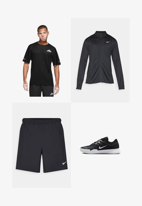 Sort atletisk jakke med lange ærmer, krave og fuld lynlås. Har et diskret Nike-logo i hvidt på den øverste venstre side af brystet. Glat tekstur.; Nike Performance SOLAR CHASE - Sports T-shirts - black/white; Sorte atletiske shorts lavet af letvægtsmateriale med en elastisk talje. Har et lille hvidt Nike-logo i nederste venstre hjørne.; Sort atletiksko med en tekstureret overdel, hvid Nike swoosh og en hvid gummisål. Har en snørret design og dynamisk form.