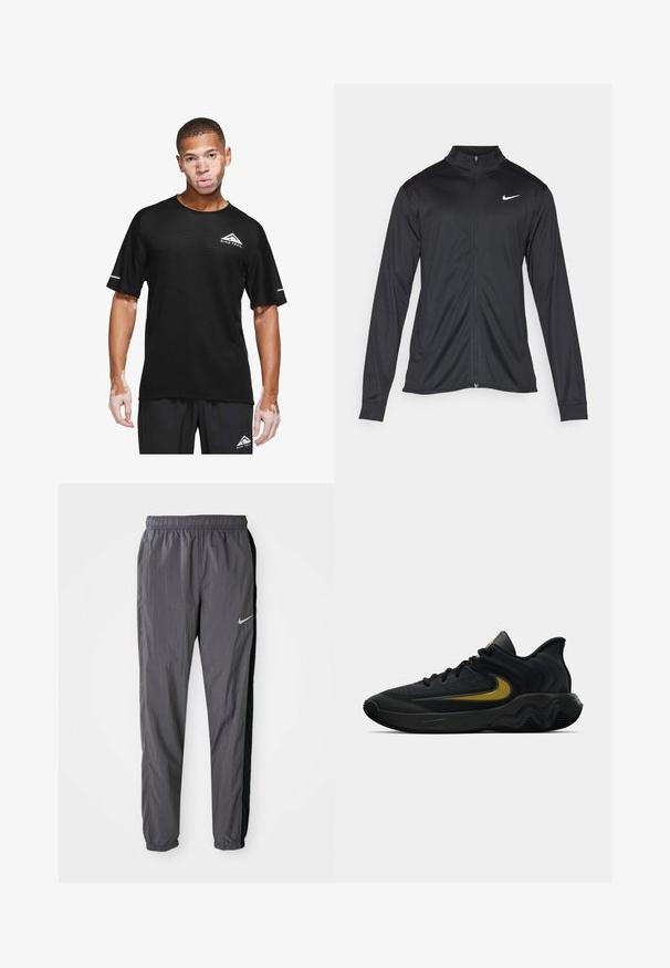Must värvi sportlik jakk pikkade varrukatega, krae ja täispikk tõmblukk. Ülemises vasakus rinnas on diskreetne valge Nike logo. Sile tekstuur.; Nike Performance SOLAR CHASE - Spordi T-särk - black/white; Nike jalgpüksid, valmistatud kergest kangast, tumesinised mustade külgpaneelidega. Omavad elastset vöökohta ja peegeldavat logo.; Mustmust värvi ja tumeda halli sportlik king, millel on mustad paelad ja kuldne swooshi logo, ning laineline tald ja pehmendatud kand.