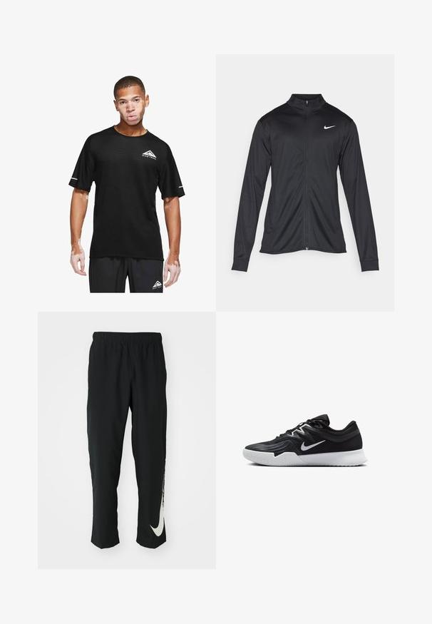 Sort atletisk jakke med lange ærmer, krave og fuld lynlås. Har et diskret Nike-logo i hvidt på den øverste venstre side af brystet. Glat tekstur.; Nike Performance SOLAR CHASE - Sports T-shirts - black/white; Sorte træningsbukser med elastisk talje, der taper ind, og har et stort hvidt Nike-logo på venstre ben. Blødt, letvægtsstof.; Sort atletiksko med en tekstureret overdel, hvid Nike swoosh og en hvid gummisål. Har en snørret design og dynamisk form.