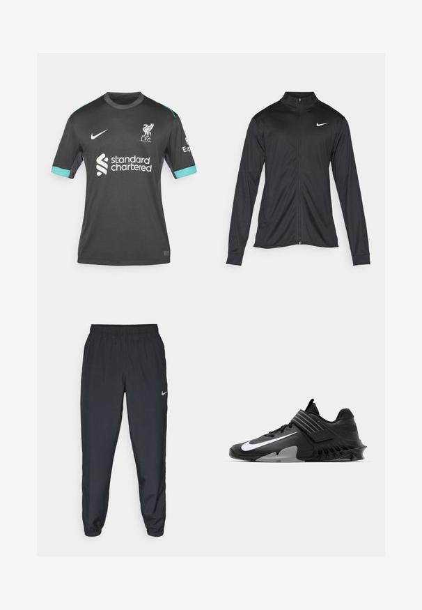 Must värvi sportlik jakk pikkade varrukatega, krae ja täispikk tõmblukk. Ülemises vasakus rinnas on diskreetne valge Nike logo. Sile tekstuur.; Nike Performance LIVERPOOL STADIUM AWAY - Klubiriided - night forest/anthracite/washed teal/sail; Kerged mustad spordipüksid, mis on valmistatud kerge kangaga, elastse vöökoha, pahkluude mansettide ja diskreetse Nike logo abil vasakul külgedel.; Mustad mustad spordijalatsid, millel on stiilne disain, silmapaistva valge Nike logo, tekstuuriga overlays ja iseloomulik vormitud tald.